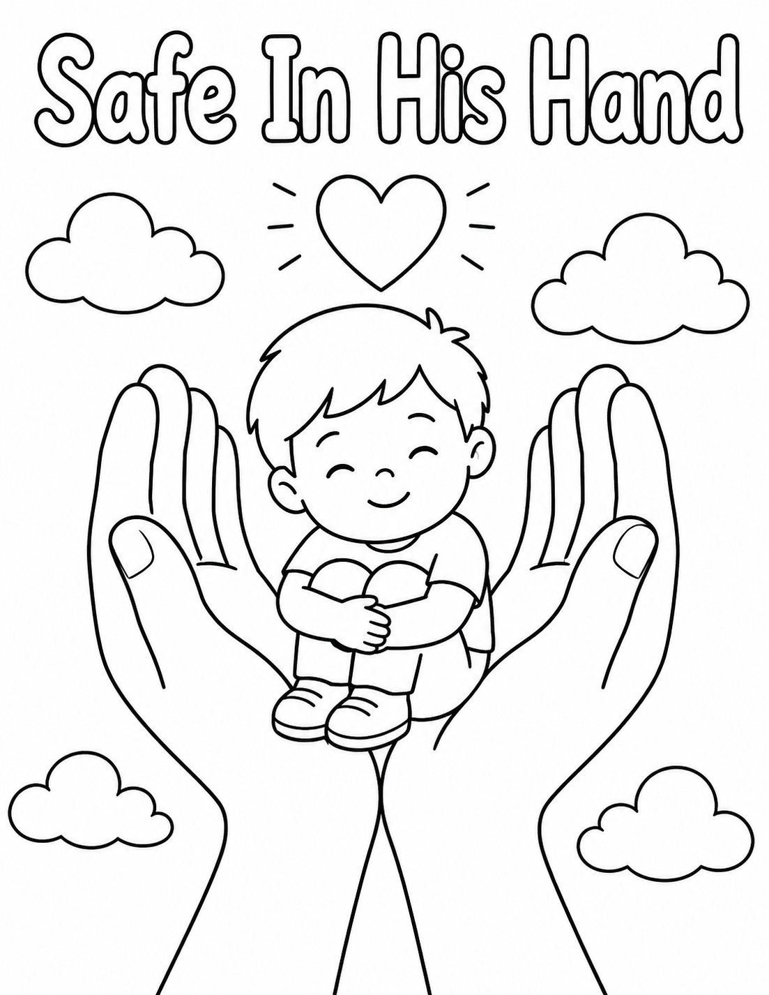 Safe In His Hand colouring page preview